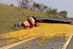 Acidente envolvendo carro de passeio e caminhão com carregamento de laranjas deixa três feridos